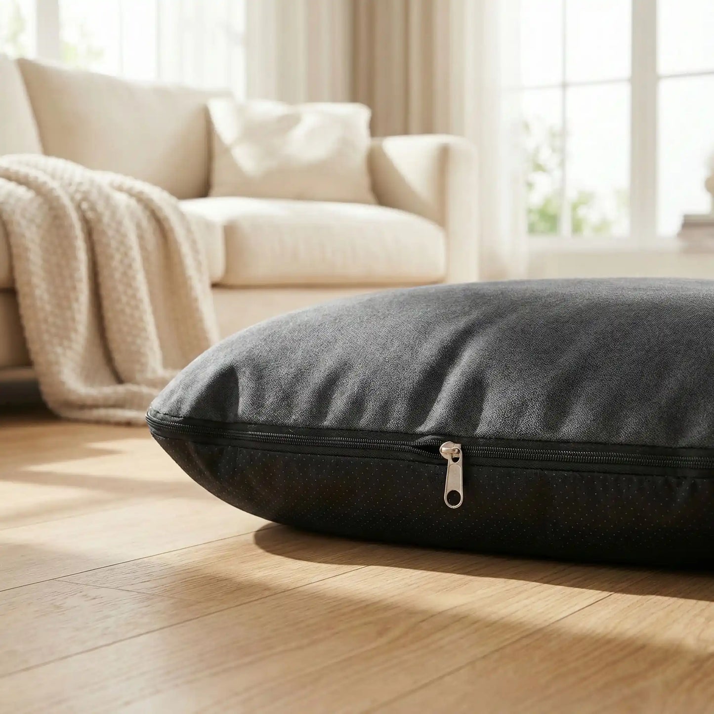 Housse-de-coussin-chien-anti poils et résistante aux griffes antidérapant-imperméable en velours de couleur gris et vert compatible avec notre coussin penardToutou pour une housse de rechange, lavable en machine