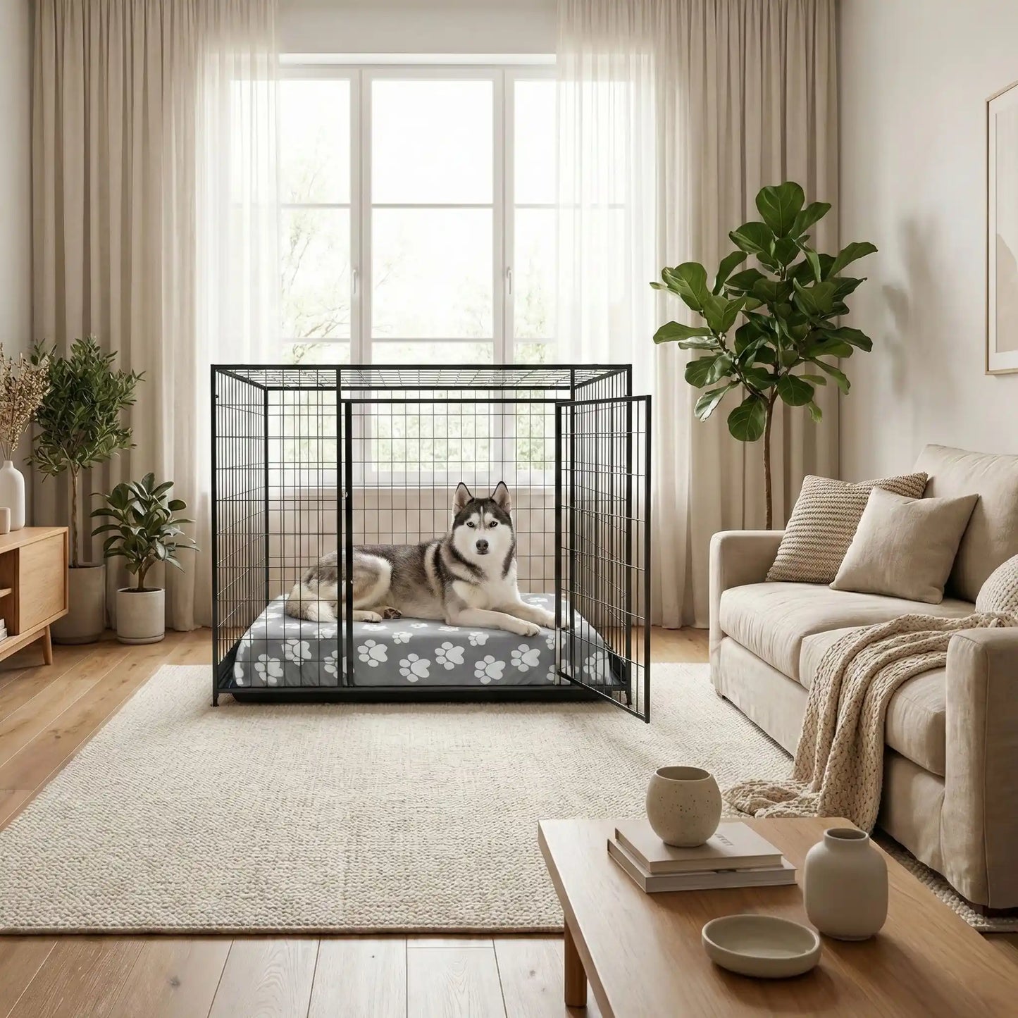 Housse-de-coussin-pour-chien-adaptable et universelle pour couchage, lit, cage pour chien en coton et polaire hypoallergénique douce et design pattes de chien mignon-housse avec élastique solide, de protection ultra douce, imperméable et hypoallergénique-disponible en 2 tailles L et XL, lavable en machine, résistante au griffes et aux chiens qui aiment creuser-un Husky couché confortablement sur la housse qui enveloppe son lit rectangulaire  dans sa cage intérieure dans lle salon de l'appartement