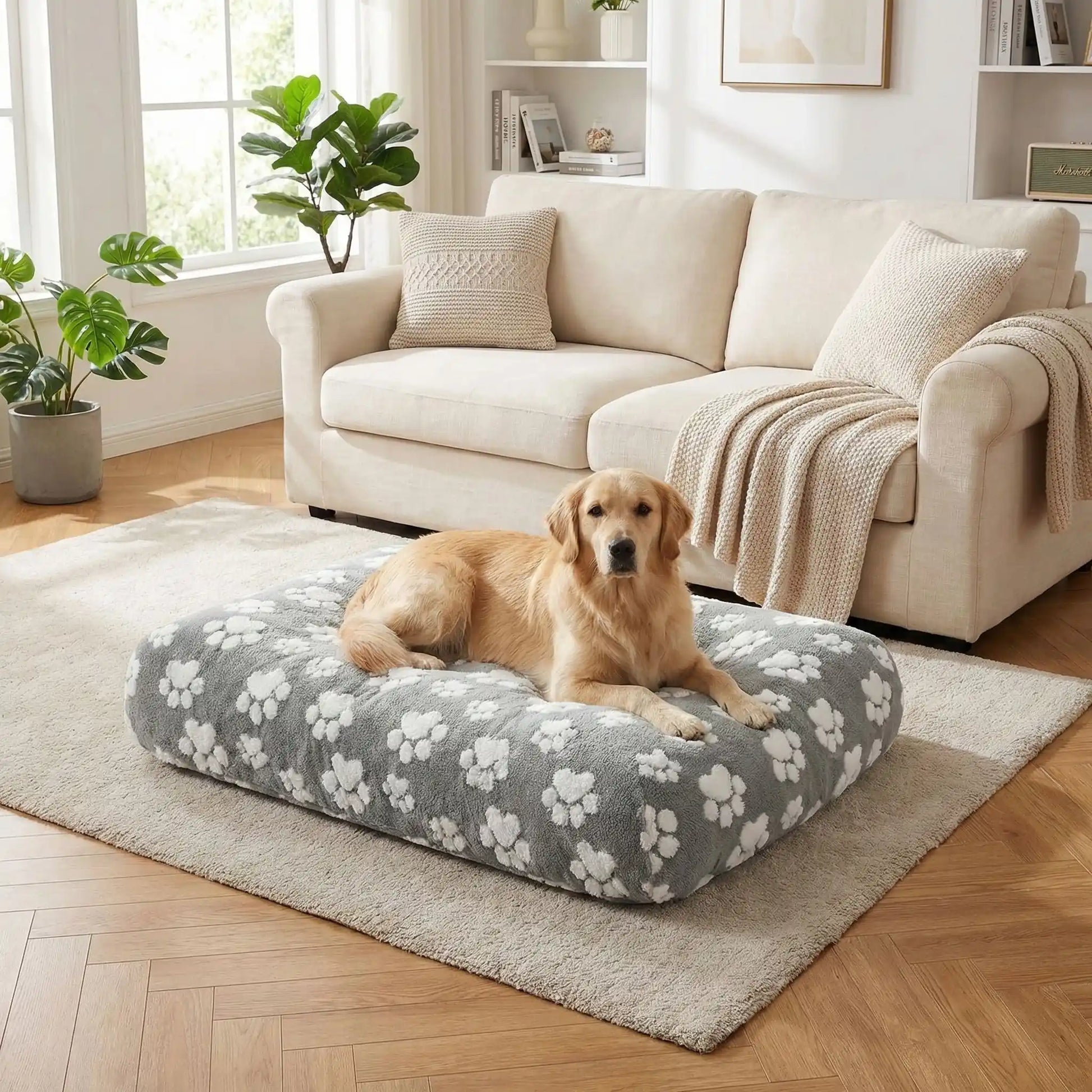 Housse-de-coussin-pour-chien-adaptable et universelle pour couchage, lit, cage pour chien en coton et polaire hypoallergénique douce et design pattes de chien mignon-housse avec élastique solide, de protection ultra douce, imperméable et hypoallergénique-disponible en 2 tailles L et XL, lavable en machine, résistante au griffes et aux chiens qui aiment creuser-unchien à long poils couché confortablement sur la housse qui enveloppe son matelas rectangulaire  dans le salon de la maison