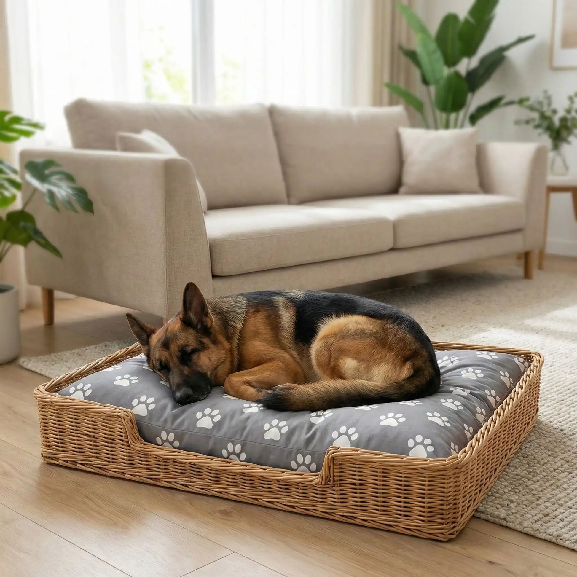 Housse-de-coussin-pour-chien-adaptable et universelle pour couchage, lit, cage pour chien en coton et polaire hypoallergénique douce et design pattes de chien mignon-housse avec élastique solide, de protection ultra douce, imperméable et hypoallergénique-disponible en 2 tailles L et XL, lavable en machine, résistante au griffes et aux chiens qui aiment creuser-un Berger allemand couché confortablement sur la housse qui enveloppe son coussin rectangulaire  dans son panier dans le salon de l'appartement