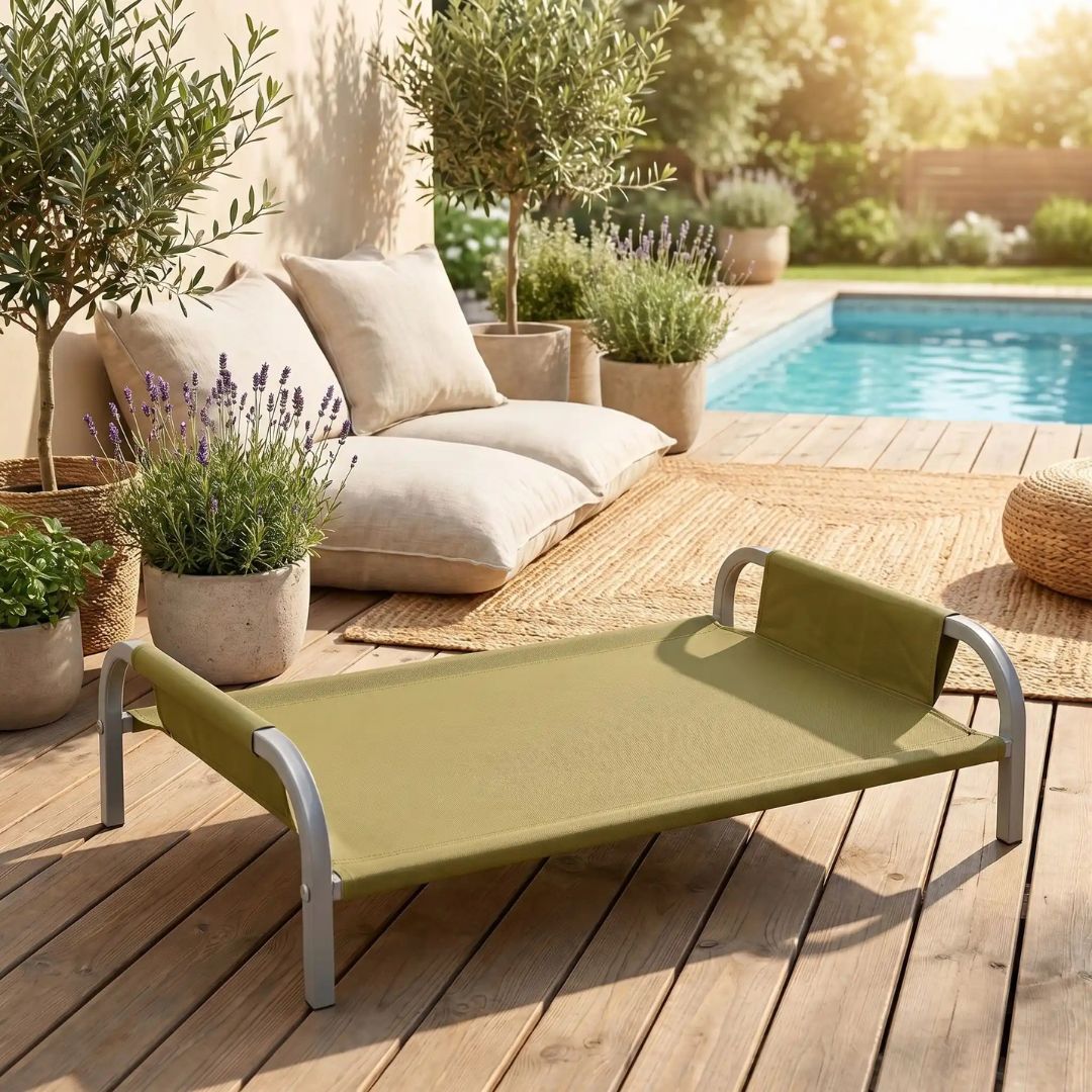 Housse-lit-de-camp-chien-de-rechange-vert en tissu oxford résistant, 100% imperméable, respirant, hygiénique, anti-poils, pour lit de camp surélevé ImperméableToutou™, lavable en machine avec coutures solides de 50x39 cm pour chiot et chien de 0 à 15 kg- gros plan sur la housse de rechange kaki installé sur la surtucture en acier du lit de camp pour chien sur la terrasse de la piscine de la maison de vacance en été