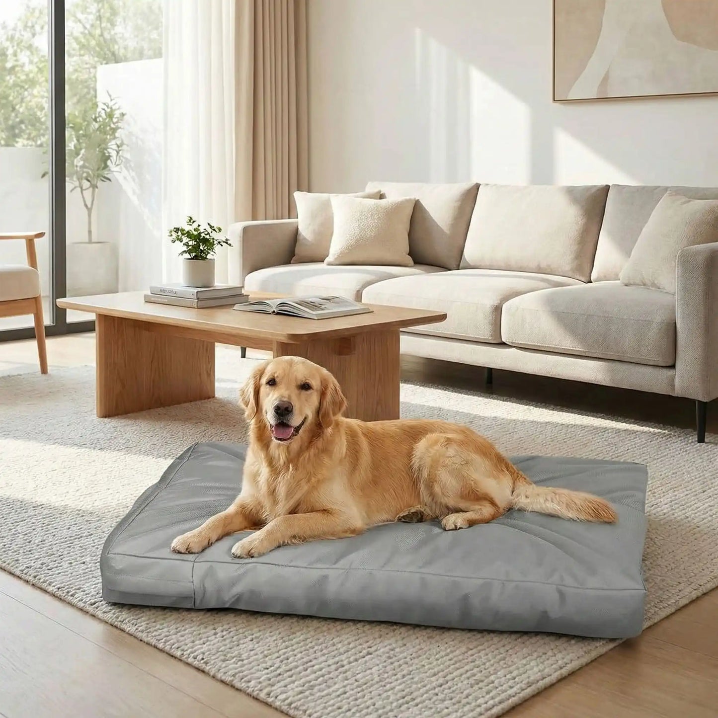 Housse-pour_coussin-chien-impermeable-5-tailles S, M, L, XL et XXL-lavable en machine- anti-poils-protection ultra-résistante en tissu Oxford 600 D résistant aux griffes et morsures de couleur gris-protection de couchage, coussin, lit, matelas, panier de forme rectangulaire-un Golden retriever couché sur la housse douce et hypoallergénique et hygiénique qui protège son matelas sur le sol du salon de la maison