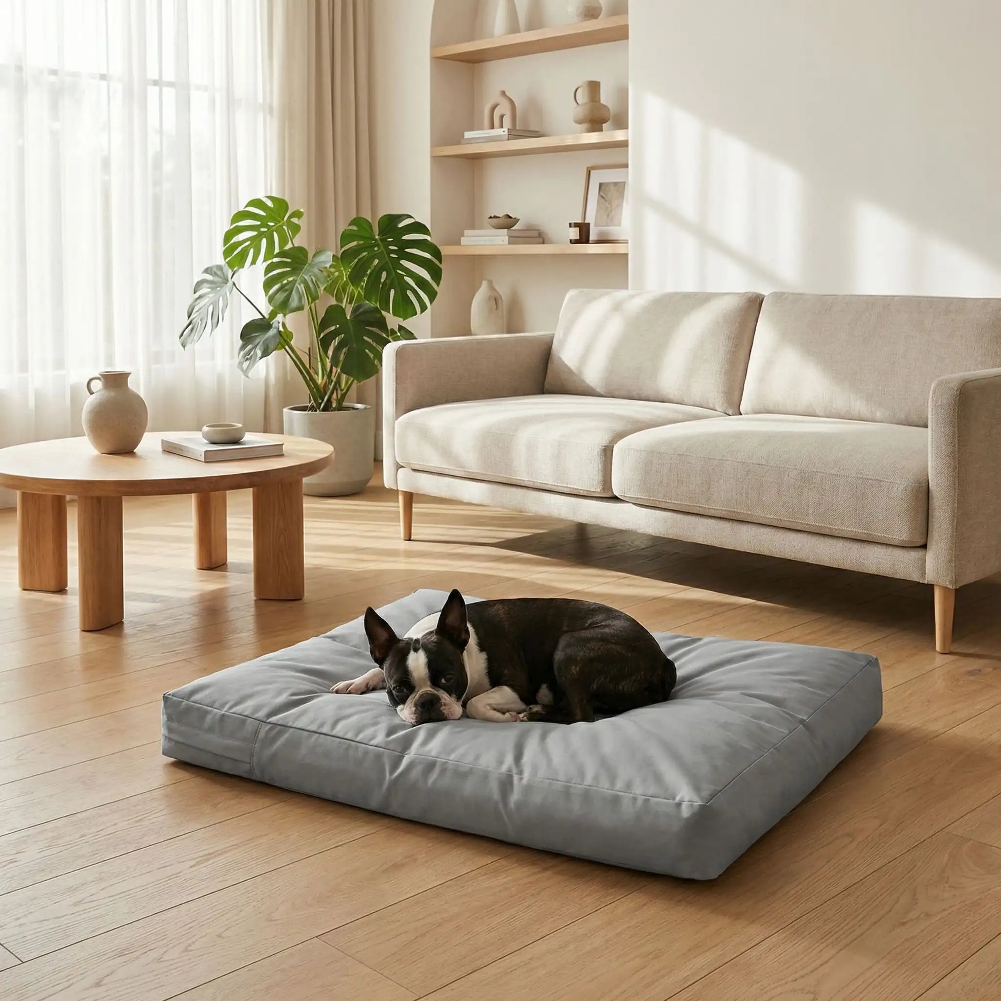 Housse-pour_coussin-chien-impermeable-5-tailles S, M, L, XL et XXL-lavable en machine- anti-poils-protection ultra-résistante en tissu Oxford 600 D résistant aux griffes et morsures de couleur gris-protection de couchage, coussin, lit, matelas, panier de forme rectangulaire-un Boston Terrier qui dort paisiblement sur la housse douce et hypoallergénique et hygiénique qui protège son matelas sur le sol du salon de l'appartement