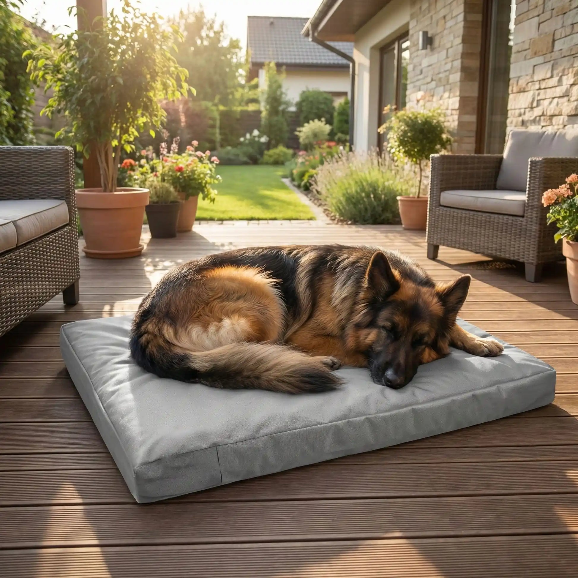 Housse-pour_coussin-chien-impermeable-5-tailles S, M, L, XL et XXL-lavable en machine- anti-poils-protection ultra-résistante en tissu Oxford 600 D résistant aux griffes et morsures de couleur gris-protection de couchage, coussin, lit, matelas, panier de forme rectangulaire-un Berger allemand qui dort paisiblement sur la housse douce et hypoallergénique et hygiénique qui protège son matelas sur le sol de la terrasse de la maison