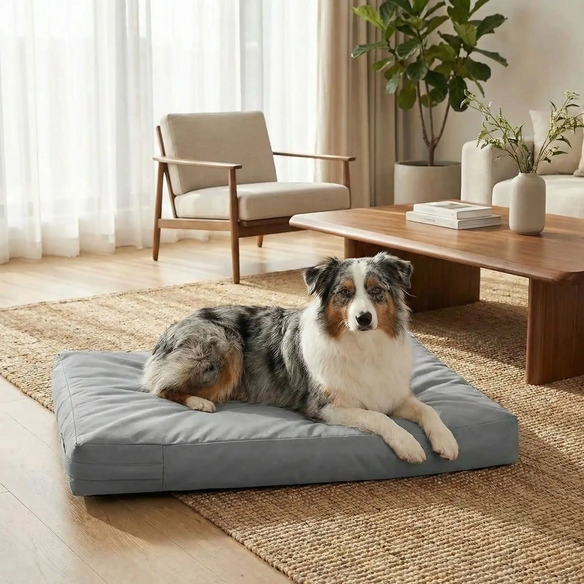 Housse-pour_coussin-chien-impermeable-5-tailles S, M, L, XL et XXL-lavable en machine- anti-poils-protection ultra-résistante en tissu Oxford 600 D résistant aux griffes et morsures de couleur gris-protection de couchage, coussin, lit, matelas, panier de forme rectangulaire-un Berger australien couché confortablement sur la housse douce et hypoallergénique et hygiénique qui protège son matelas sur le sol du salon de l'appartement