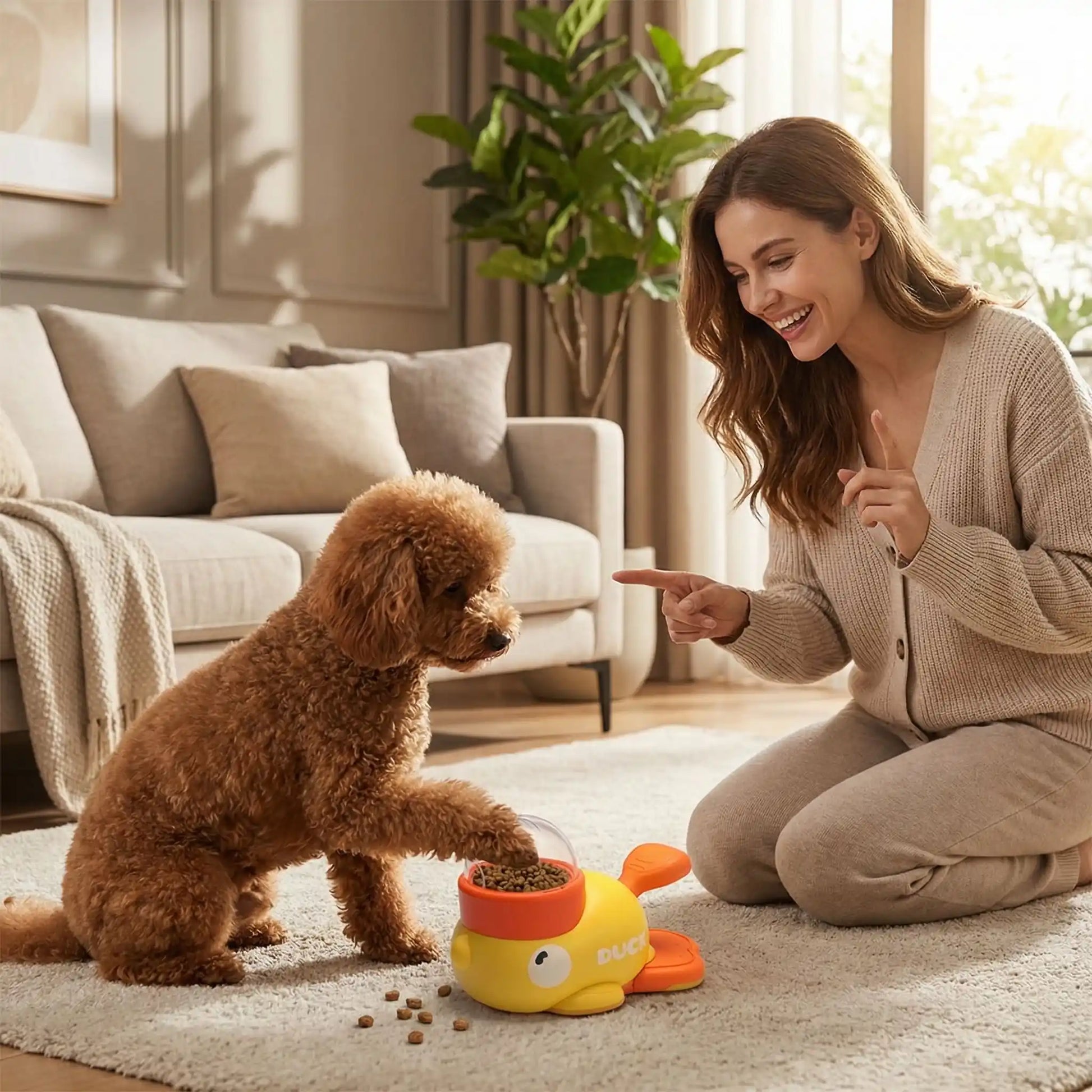 Jeu-intelligent-pour-chien-chiot-interactif, en forme de canard original antidéra pant et lavable avec pédale pour libérer les croquettes ou le friandises , jouet distributeur de croquettes avec rotation pour stimuler l'intelligence du chien, et un effet anti-glouton qui ralenti la prise d'alimentation,jouet éducatif et d'occupation pour le chiot et le chien adulte-un caniche qui apprend à utiliser  la pédale du jouet pour libérer les croquettes sous les encouragement de son maitre dans le salon 