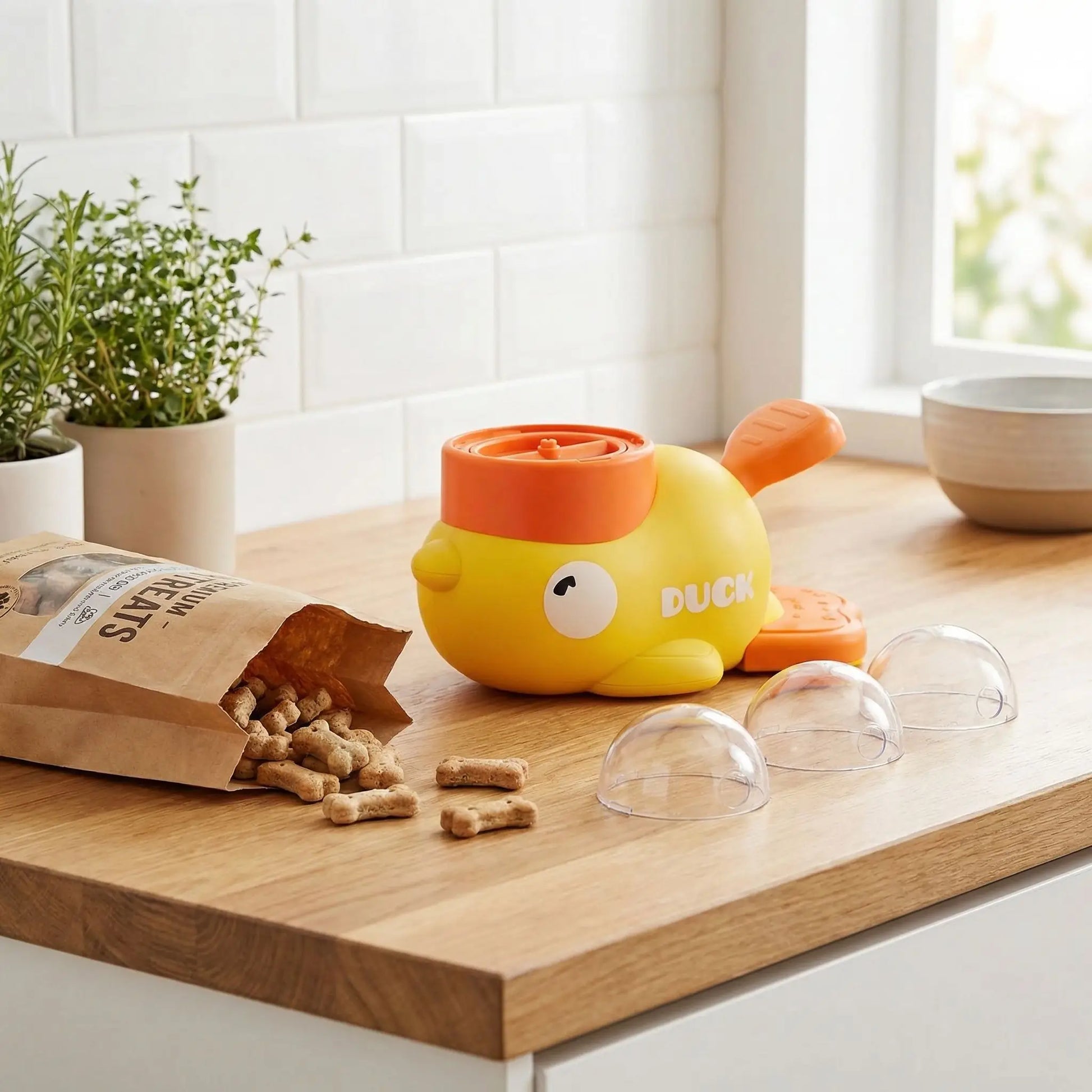 Jeu-intelligent-pour-chien-chiot-interactif, en forme de canard original avec pédale pour libérer les croquettes ou le friandises , jouet distributeur de croquettes avec rotation pour stimuler l'intelligence du chien, et un effet anti-glouton qui ralenti la prise d'alimentation,jouet éducatif et d'occupation pour le chiot et le chien adulte-gros plan sur le jouet en forme original de canard avec pédale et ses 3 dômes interchangeables avec un petit sac de friandises pour chien sur le meuble de la cuisine