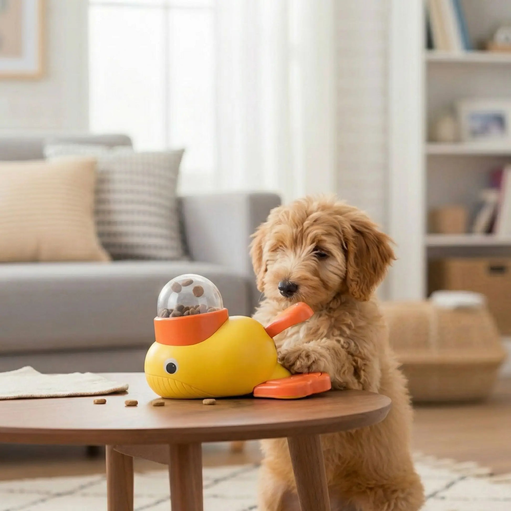 Jeu-intelligent-pour-chien-chiot-interactif, en forme de canard original avec pédale pour libérer les croquettes ou le friandises , jouet distributeur de croquettes avec rotation pour stimuler l'intelligence du chien, et un effet anti-glouton qui ralenti la prise d'alimentation,jouet éducatif et d'occupation pour le chiot et le chien adulte-un chiot qui regarde en posant ses pattes sur le jouet distributeur de croquettes ou friandises sur la table basse du salon de la maison