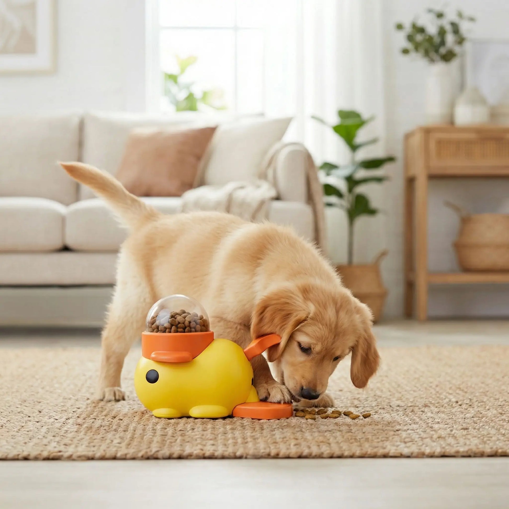 Jeu-intelligent-pour-chien-chiot-interactif, en forme de canard original avec pédale pour libérer les croquettes ou le friandises , jouet distributeur de croquettes avec rotation pour stimuler l'intelligence du chien, et un effet anti-glouton qui ralenti la prise d'alimentation,jouet éducatif et d'occupation pour le chiot et le chien adulte-un chiot labrador qui mange  sur les friandises qu'il a libérer en appuyant sur la pédales sur le tapis du salon de la maison