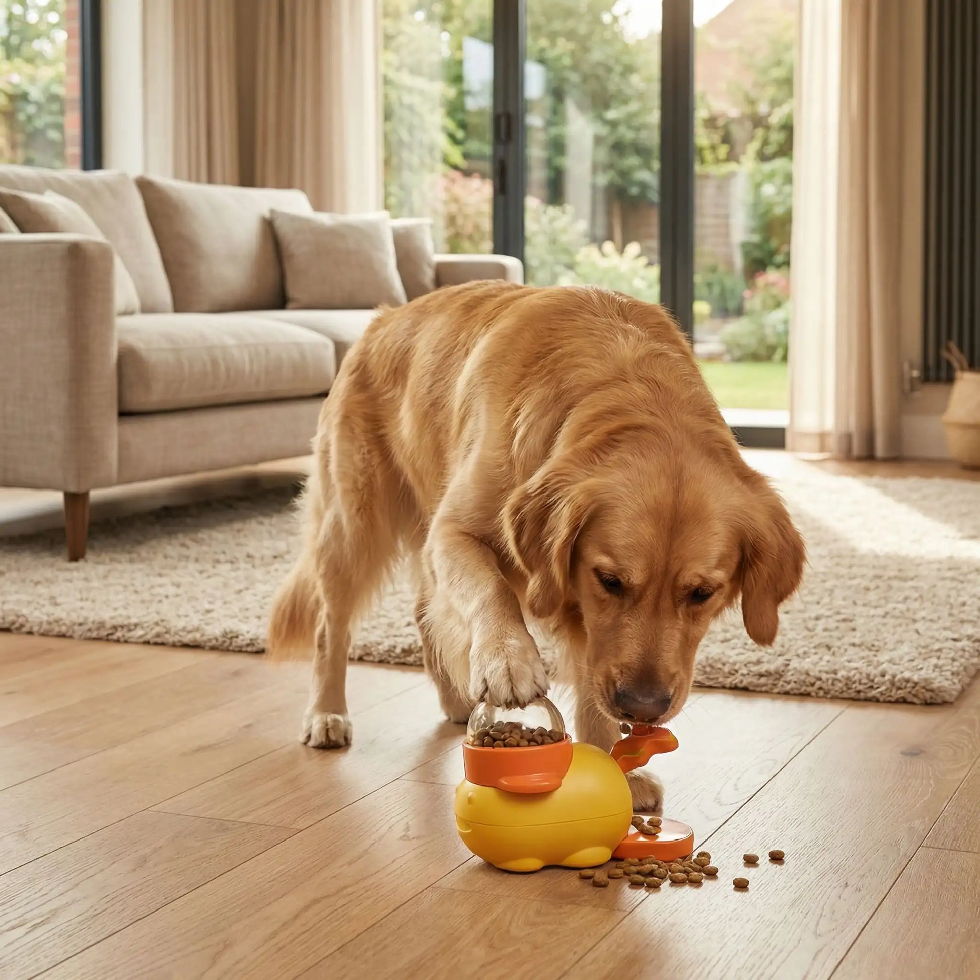 Jeu-intelligent-pour-chien-chiot-interactif, en forme de canard original avec pédale pour libérer les croquettes ou le friandises , jouet distributeur de croquettes avec rotation pour stimuler l'intelligence du chien, et un effet anti-glouton qui ralenti la prise d'alimentation,jouet éducatif et d'occupation pour le chiot et le chien adulte-un chien de grande taille  qui appuie sur la pédale du jouet pour libérer les croquettes dans le salon de la maison 