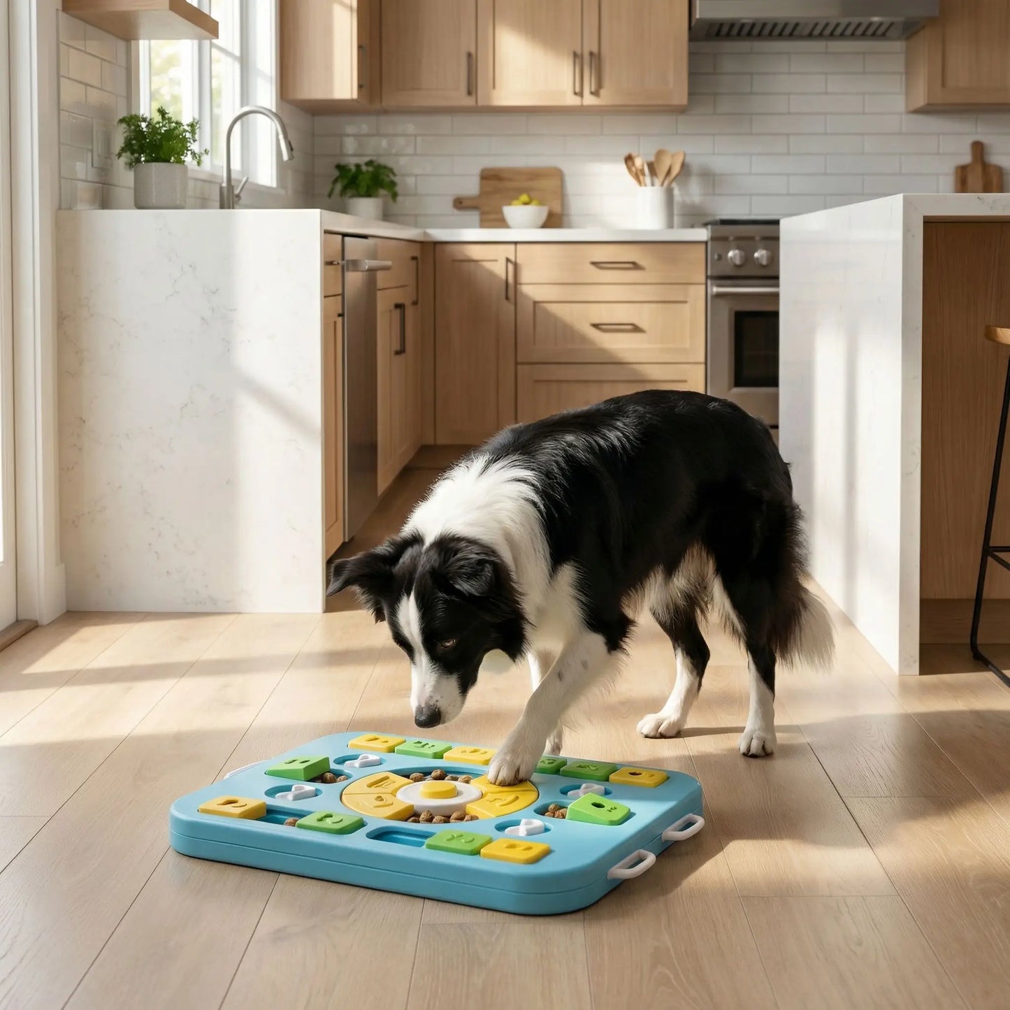  Jeu-pour-chien-intelligent-Qi-anti-anxiété-de-séparation, Design antidérapant avec 4 patins en caoutchouc pour éviter les renversements
Matériau PP ultra-résistant, sans danger et compatible lave-vaisselle
Dimensions généreuses (35×26×3,8 cm) adaptées à toutes les races
24 points mobiles et 26 trous d'alimentation pour multiplier les défis
Bouton sonore central qui éveille la curiosité naturelle- un Border collie qui cherche avec plaisir les croquettes cachées dans le jouet intelligent de couleur bleu 