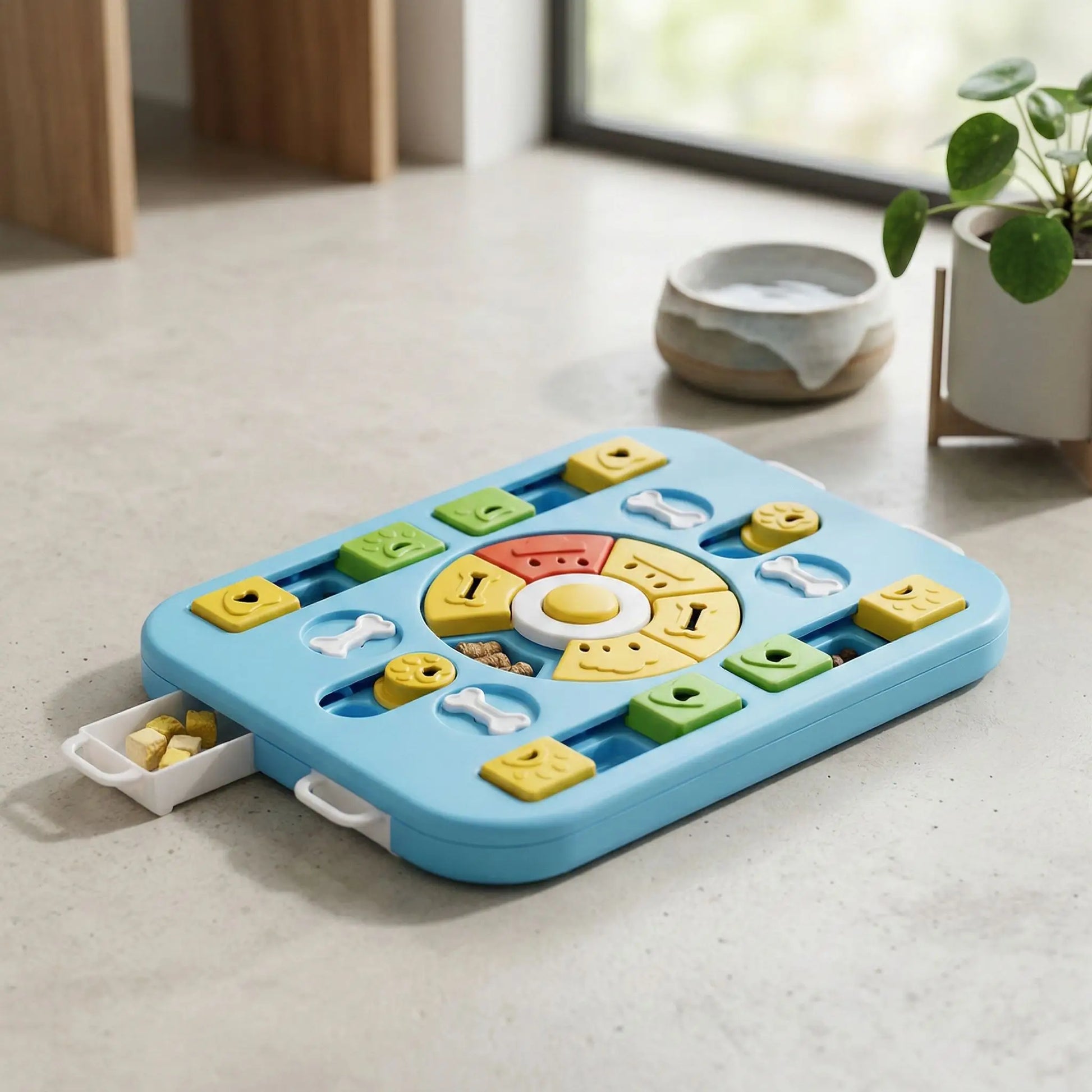 Jeu-pour-chien-intelligent-Qi-anti-anxiété-de-séparation, Design antidérapant avec 4 patins en caoutchouc pour éviter les renversements
Matériau PP ultra-résistant, sans danger et compatible lave-vaisselle
Dimensions généreuses (35×26×3,8 cm) adaptées à toutes les races
24 points mobiles et 26 trous d'alimentation pour multiplier les défis
Bouton sonore central qui éveille la curiosité naturelle- gros plan sur le jouet d'occupation et interactif de  couleur bleu, niveau 3 expert pour les chiens intelligent 