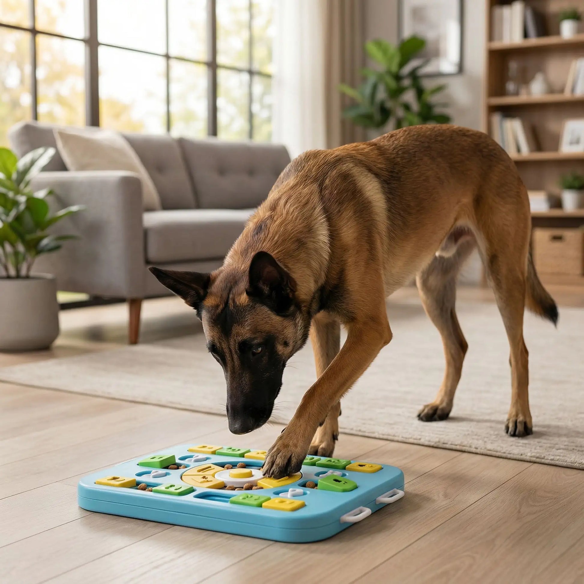 Jeu-pour-chien-intelligent-Qi-anti-anxiété-de-séparation, Design antidérapant avec 4 patins en caoutchouc pour éviter les renversements
Matériau PP ultra-résistant, sans danger et compatible lave-vaisselle
Dimensions généreuses (35×26×3,8 cm) adaptées à toutes les races
24 points mobiles et 26 trous d'alimentation pour multiplier les défis
Bouton sonore central qui éveille la curiosité naturelle- un chien de race intelligence qui utilise sa patte pour trouver les croquettes cachées dans le jouet 