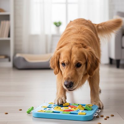 Jeu-pour-chien-intelligent-Qi-anti-anxiété-de-séparation, Design antidérapant avec 4 patins en caoutchouc pour éviter les renversements
Matériau PP ultra-résistant, sans danger et compatible lave-vaisselle
Dimensions généreuses (35×26×3,8 cm) adaptées à toutes les races
24 points mobiles et 26 trous d'alimentation pour multiplier les défis
Bouton sonore central qui éveille la curiosité naturelle- un grand chien qui cherche avec plaisir les croquettes cachées dans le jouet distributeur de croquettes