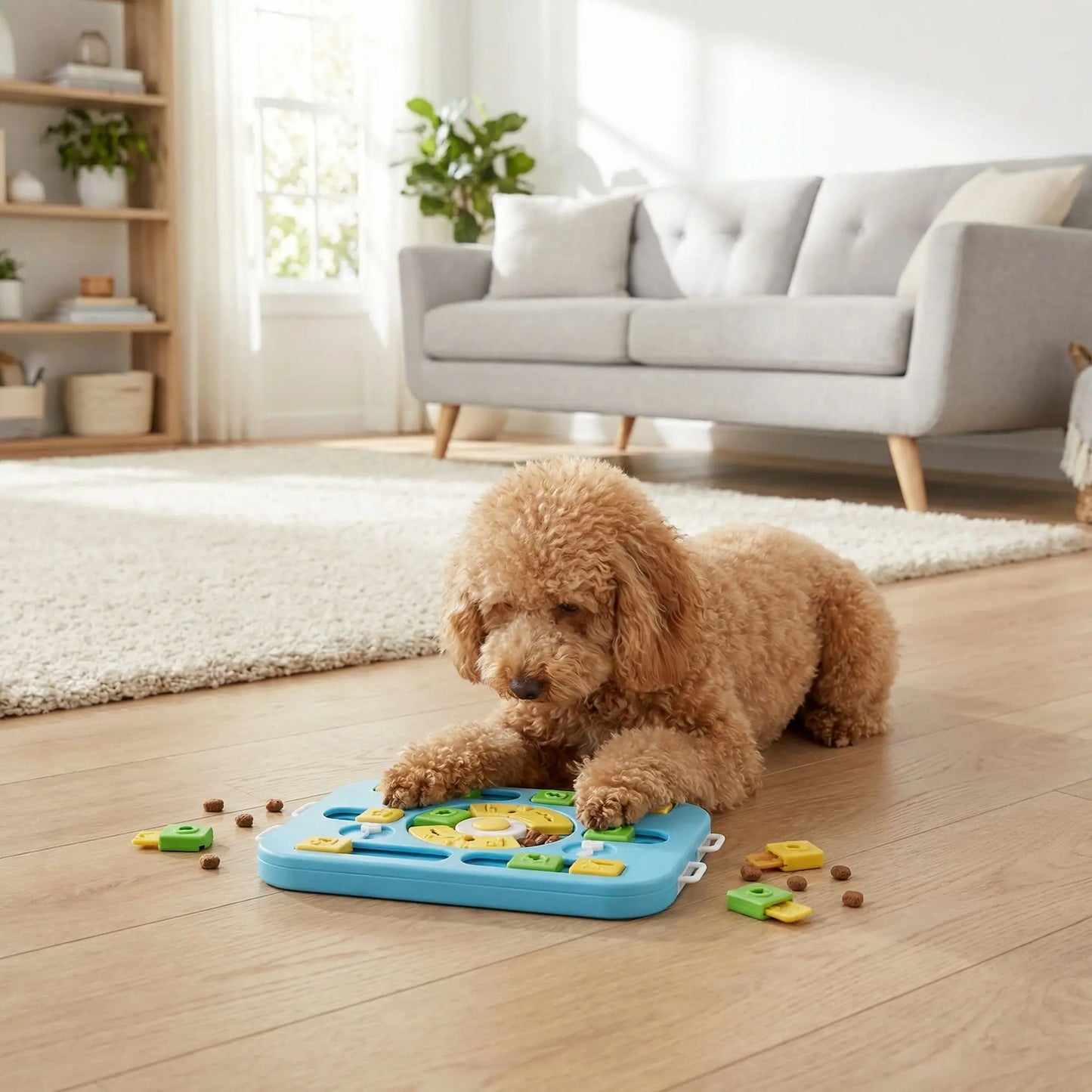Jeu-pour-chien-intelligent-Qi-anti-anxiété-de-séparation, Design antidérapant avec 4 patins en caoutchouc pour éviter les renversements
Matériau PP ultra-résistant, sans danger et compatible lave-vaisselle
Dimensions généreuses (35×26×3,8 cm) adaptées à toutes les races
24 points mobiles et 26 trous d'alimentation pour multiplier les défis
Bouton sonore central qui éveille la curiosité naturelle-un petit chien frisé qui cherche concentré et calmement mes croquettes caché dans le jouet à multiple cachette
