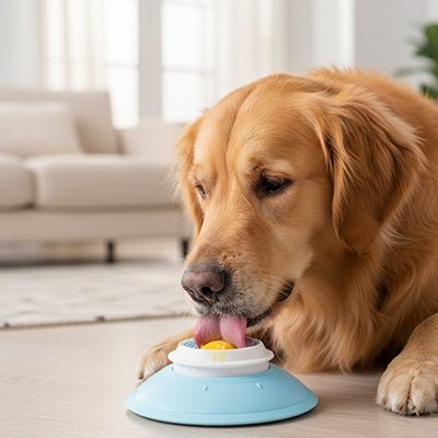 Jouet-d-occupation-chien-alimentaire-bol de léchage avec boule rotative et rainure qui massent et nettoie en douceur les gencives et les dent pour une meilleur hygiène dentaire, démontable et lavable avec patins antidérapant et ventouse pour la placer sur tout type de support-un grand chien allongé et apaisé qui lèche avec bonheur le jouet en forme de bol rempli de yaourt sur le sol du salon