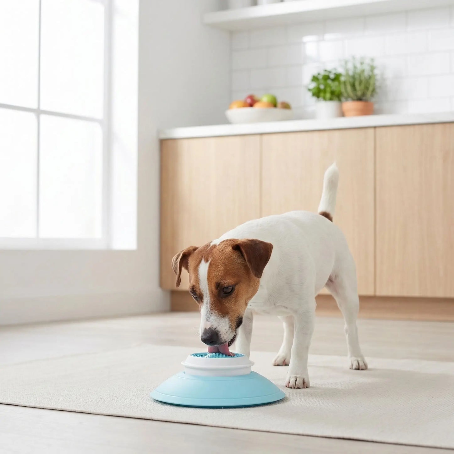 Jouet-d-occupation-chien-alimentaire-bol de léchage avec boule rotative et rainure qui massent et nettoie en douceur les gencives et les dent pour une meilleur hygiène dentaire, démontable et lavable avec patins antidérapant et ventouse pour la placer sur tout type de support-un petit chien de race active concentré et apaisé qui lèche avec bonheur le jouet en forme de bol rempli de pâté pour chien qui masse les gencives et nettoie ses dents en s'amusant