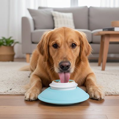 Jouet-d-occupation-chien-alimentaire-bol de léchage avec boule rotative et rainure qui massent et nettoie en douceur les gencives et les dent pour une meilleur hygiène dentaire, démontable et lavable avec patins antidérapant et ventouse pour la placer sur tout type de support-un chien de grande taille allongé et apaisé qui lèche avec bonheur le jouet en forme de bol robuste  rempli de fromage sur le sol du salon
