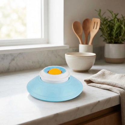 Jouet-d-occupation-chien-alimentaire-bol de léchage avec boule rotative et rainure qui massent et nettoie en douceur les gencives et les dent pour une meilleur hygiène dentaire, démontable et lavable avec patins antidérapant et ventouse pour la placer sur tout type de support-photo en gros plan du bol interactif de couelur bleu et orange avec un chien qui attend son jouet interactif avant que son maitre parte de la maison pour un rituel de séparation réussie