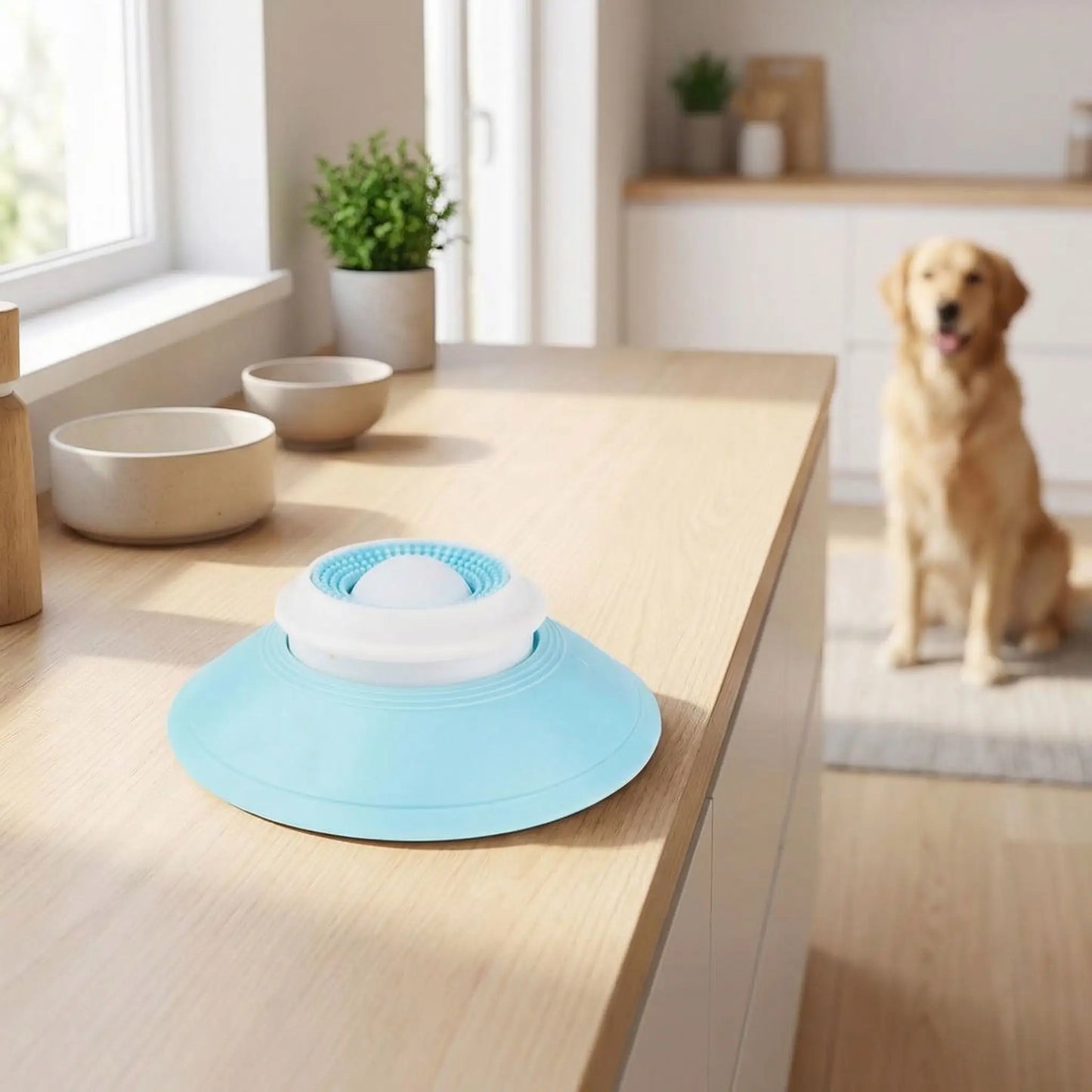 Jouet-d-occupation-chien-alimentaire-bol de léchage avec boule rotative et rainure qui massent et nettoie en douceur les gencives et les dent pour une meilleur hygiène dentaire, démontable et lavable avec patins antidérapant et ventouse pour la placer sur tout type de support-photo en gros plan du bol interactif de couelur bleu et blanc avec un chien qui attend son jouet interactif avant que son maitre parte de la maison pour un rituel de s&paration réussi