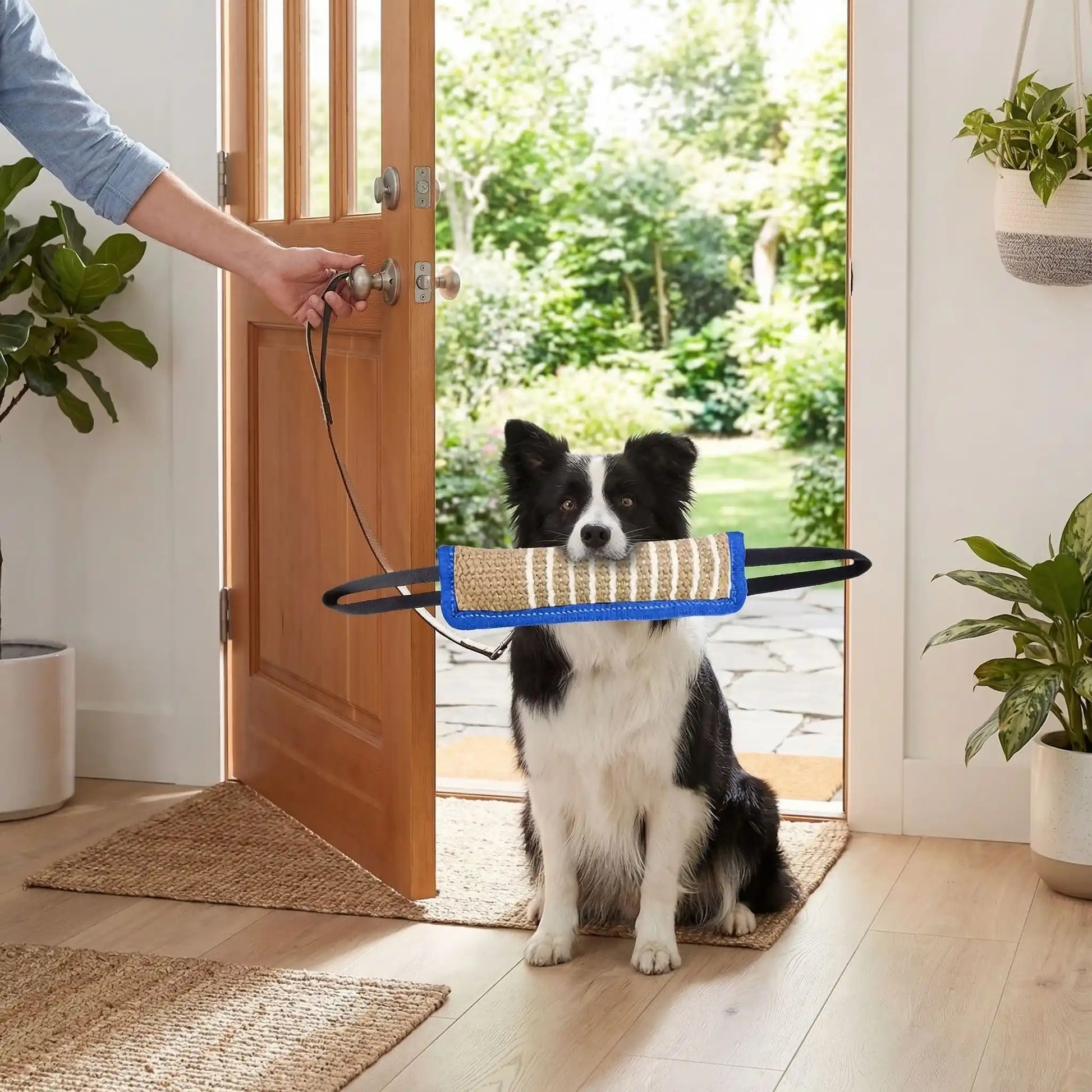 Jouet-indestructible-chien-interactif-coton-lin pour jeu de traction, de rermorqueur, de tir à lacorde, avec deux sangles aux extrémité et boudin doux et résistant aux morsures et machoires puissantes-un chien moyen énergique heureux avec son jouet indestructible  dans la machoire pour l'emmener en promenade avec son maitre pour des jeux en extérieur
