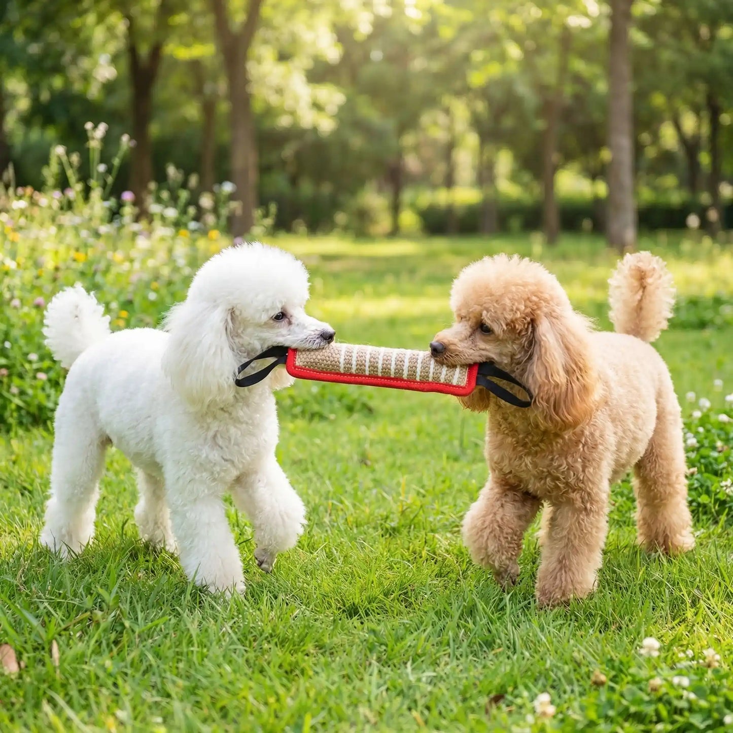 Jouet-indestructible-chien-interactif-coton-lin pour jeu de traction, de rermorqueur, de tir à la corde, avec deux sangles aux extrémité et boudin douyx et résistant aux morsures et machoires puissantes-deux caniches qui tirent sur le jouet chacun de leur côté pour un jeu interactif dans le parc au printemps