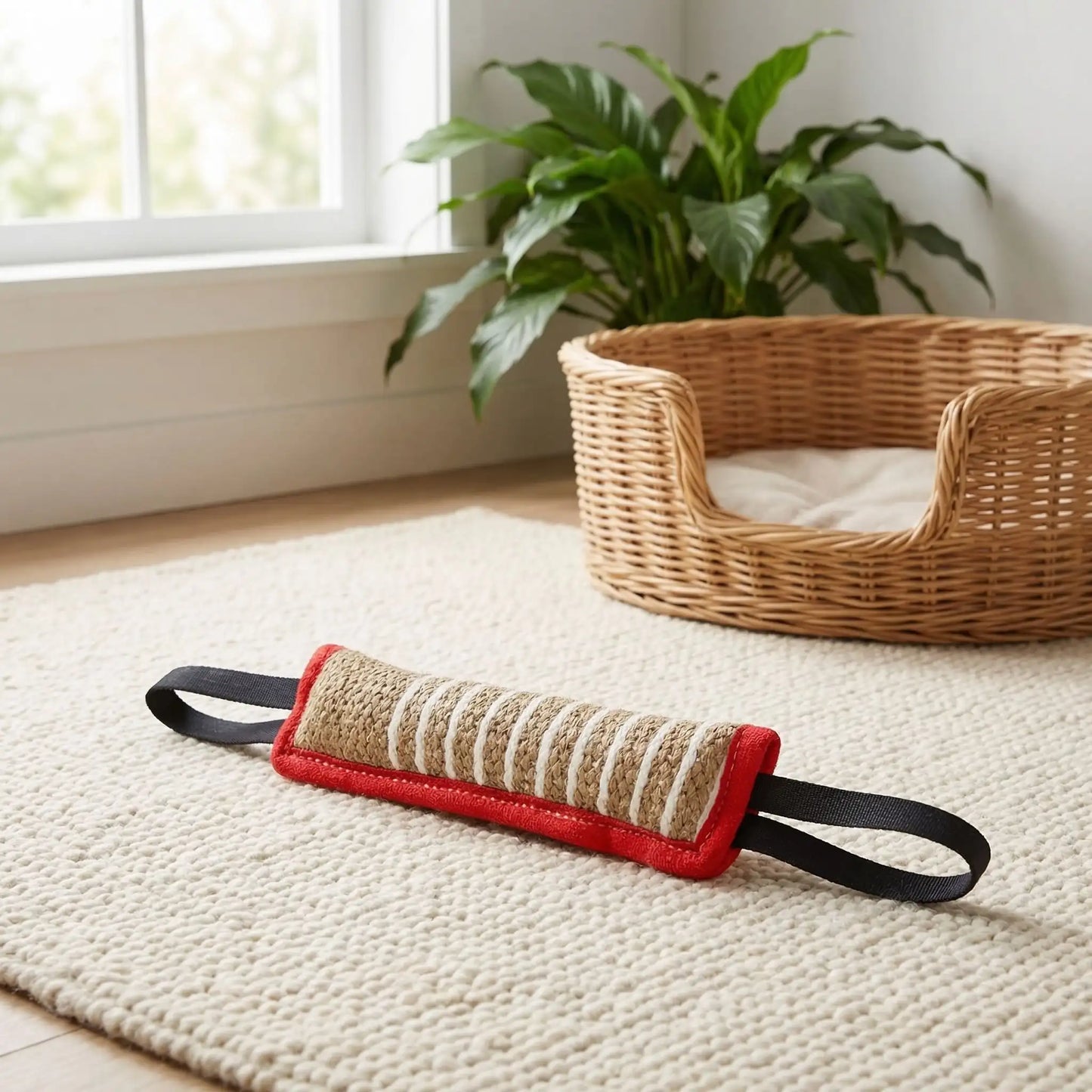 Jouet-indestructible-chien-interactif-coton-lin pour jeu de traction, de rermorqueur, de tir à lacorde, avec deux sangles aux extrémité et boudin doux et résistant aux morsures et machoires puissantes-gros plan sur le jouet en forme de boudin pour des jeux éducatifs canin de couleur rouge sur le sol à côté du panier pour chien