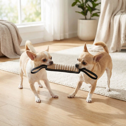 Jouet-indestructible-chien-interactif-coton-lin pour jeu de traction, de rermorqueur, de tir à la corde, avec deux sangles aux extrémité et boudin doux et résistant aux morsures et machoires puissantes-deux chiens qui jouent ensemble au tir à la corde avec le jouet en forme de boudin écoresponsable sans danger pur leur machoire et leur dent pour des jeux stimulants qui renforce leur forme physique