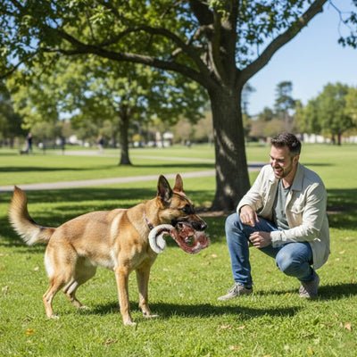 Jouet-indestructible-pour-chien-a-mâcher saveur boeuf pour machoires puissantes, chien agressif, mordeur ou chien destructeur- en nylon sans produits chimiques, nettoie les dents, masse ses gencives, jouet d'occupation pour chien de taille moyenne à grande-un grand chien avec son jouet solide dans la mâchoire en balade à l'exterieur avec son maitre