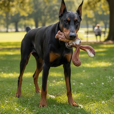 Jouet-indestructible-pour-chien-a-mâcher saveur boeuf pour machoires puissantes, chien agressif, mordeur ou chien destructeur- en nylon sans produits chimiques, nettoie les dents, masse ses gencives, jouet d'occupation pour chien de taille moyenne à grande-un chien à mâchoire puissante qui tient fermement le jouet lapin dans sa gueule dans le parc 