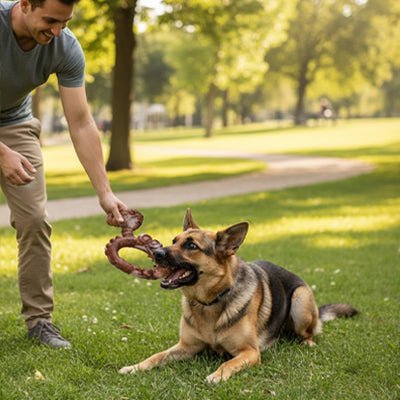 Jouet-indestructible-pour-chien-a-mâcher saveur boeuf pour machoires puissantes, chien agressif, mordeur ou chien destructeur- en nylon sans produits chimiques, nettoie les dents, masse ses gencives, jouet d'occupation pour chien de taille moyenne à grande-un grand chien à la machoire puissante couché qui attrape le jouet solide crabe donné par son maitre pour jouet au tire à la corde