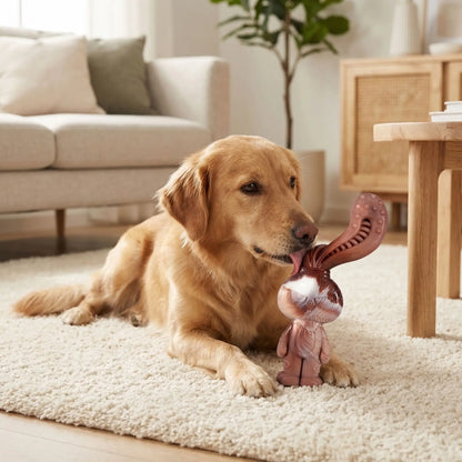 Jouet-indestructible-pour-chien-a-mâcher saveur boeuf pour machoires puissantes, chien agressif, mordeur ou chien destructeur- en nylon sans produits chimiques, nettoie les dents, masse ses gencives, jouet d'occupation pour chien de taille moyenne à grande-un Golden retriever couché qui lèche et mords son lapin au goût boeuf qu'il tient entre les pattes pour un moment d'apaisement et de plaisir dans le salon de la maison