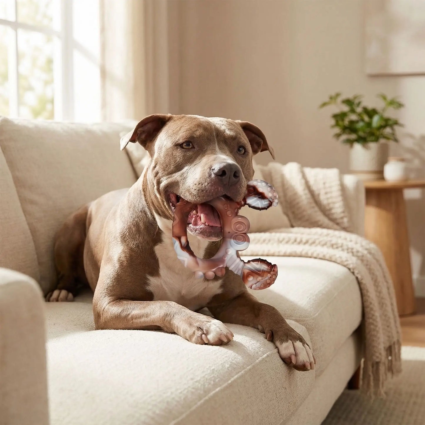 Jouet-indestructible-pour-chien-a-mâcher saveur boeuf pour machoires puissantes, chien agressif, mordeur ou chien destructeur- en nylon sans produits chimiques, nettoie les dents, masse ses gencives, jouet d'occupation pour chien de taille moyenne à grande-un Pitt bull couché sur le canapé du salon qui lèche et mords son crabe au goût boeuf pour un moment d'apaisement et de plaisir qui masse ses gencives et nettoie ses dents en jouant