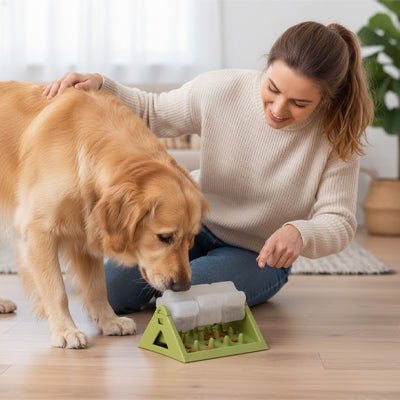 Jouet-intelligent-pour-chien-alimentaire, gamelle anti glouton qui stimule son intelligence et ses capacité motrices, avec ses 3 compartiments rotatifs sur le support stable et antidérapant en forme de triangle fond qui récupère les croquettes anti-fuite et 100% imperméable, lavable à l'eau et au  lave vaisselle, demontable faciment par un clip pour une hygiène parfaite- un golden retriever gourmand qui sent et découvre le jouet distributeur de croquette avec sa maitresse qui le guide pour l'utiliser 