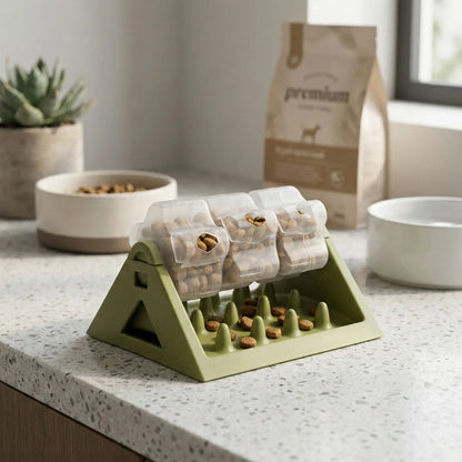 Jouet-intelligent-pour-chien-alimentaire, gamelle anti glouton qui stimule son intelligence et ses capacité motrices, avec ses 3 compartiments rotatifs sur le support stable et antidérapant en forme de triangle fond qui récupère les croquettes anti-fuite et 100% imperméable, lavable à l'eau et au  lave vaisselle, demontable faciment par un clip pour une hygiène parfaite- photo du modèle vert pour tout les chien posé sur le plan de travail de la cuisine de l'appartement