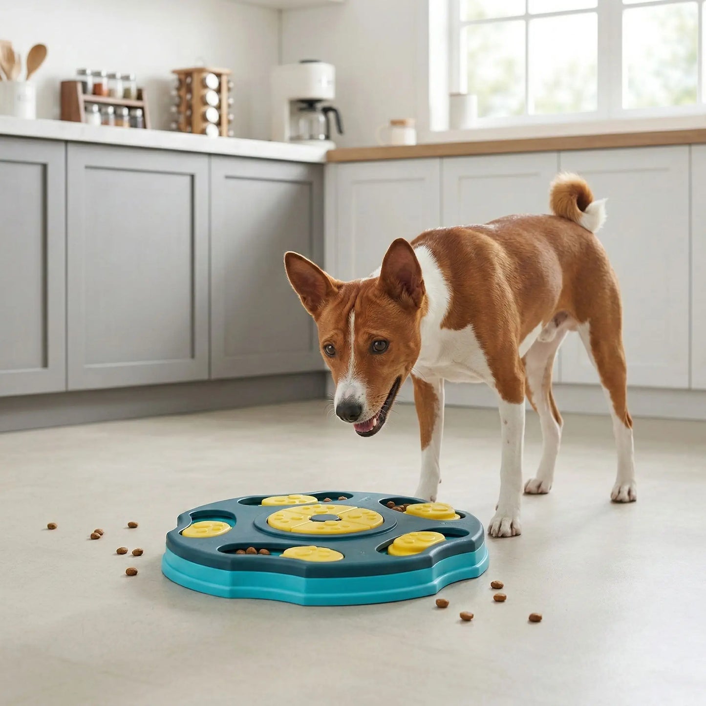 Jouet-intelligent-pour-chien-actif, robuste , puzzle alimentaire, gamelle anti-glouton, distributeur de croquette, sans BPA etr lavable en lave vaisselle , avec 5 pieds surélevés antidérapant pour chiot et chien, jeu d'entrainement mentale, anti anxiété, jouet d'occupation avec recherche de croquettes cachées, jouet anti ennui, idéal pour chien destructeurs ou agités- un Basenji tout heureux qui cherches les croquettes cachées et les mange doucement dans la cuisine de la maison en l'absence de son maitre