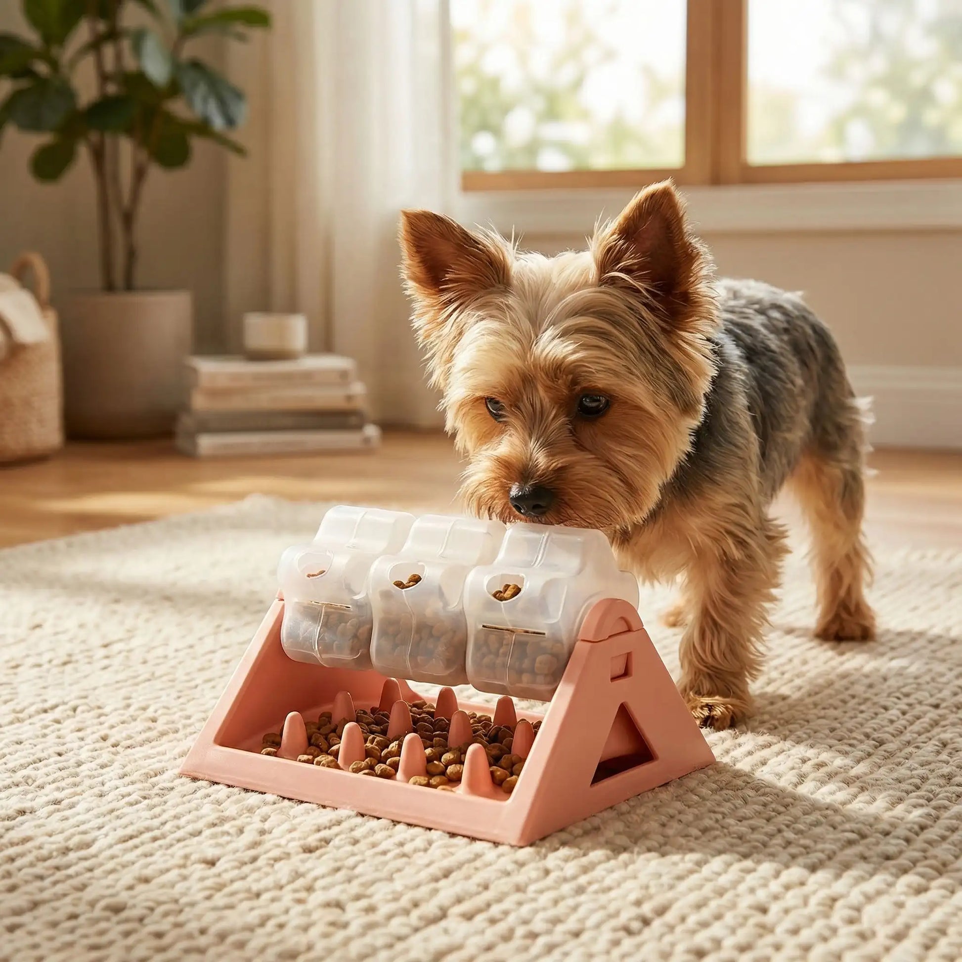 Jouet-intelligent-pour-chien-alimentaire, gamelle anti glouton qui stimule son intelligence et ses capacité motrices, avec ses 3 compartiments rotatifs sur le support stable et antidérapant en forme de triangle fond qui récupère les croquettes anti-fuite et 100% imperméable, lavable à l'eau et au  lave vaisselle, demontable faciment par un clip pour une hygiène parfaite- unchien qui sent les compartiment remplies de croquette qui tombent quand il les fait tourner sur le support anti glouton