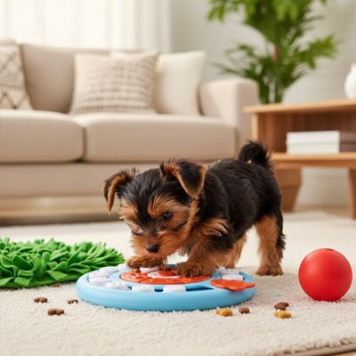 Jouet-intelligent-pour-chien-chiot-puzzle-compatible pour le lave-vaisselle, surface arrondie et lisse qui respecte sa langue et ses dents
Réduction immédiate des vomissements après repas
Meilleure assimilation des nutriments grâce à la mastication
Satiété prolongée qui évite les demandes constantes
Convient aux chiots comme aux chiens adultes-stimulation mentale-un chiot qui cherche à résoudre le puzzle pour trouver les croquettes cachées et mange lentement dans le salon de la maison