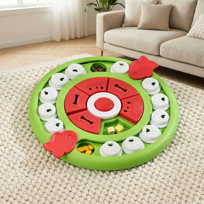Jouet-intelligent-pour-chien-chiot-puzzle-compatible pour le lave-vaisselle, surface arrondie et lisse qui respecte sa langue et ses dents
Réduction immédiate des vomissements après repas
Meilleure assimilation des nutriments grâce à la mastication
Satiété prolongée qui évite les demandes constantes
Convient aux chiots comme aux chiens adultes-stimulation mentale-gros plan sur le modèles vert avec ces 3 jeux pour faire glisser déplacer et son bouton interactif sonore pour divertir et ralentir l'alimentation