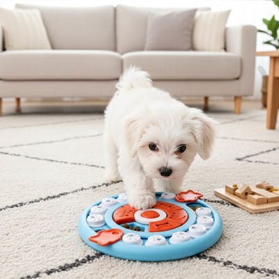 Jouet-intelligent-pour-chien-chiot-puzzle-compatible pour le lave-vaisselle, surface arrondie et lisse qui respecte sa langue et ses dents
Réduction immédiate des vomissements après repas
Meilleure assimilation des nutriments grâce à la mastication
Satiété prolongée qui évite les demandes constantes
Convient aux chiots comme aux chiens adultes-stimulation mentale-un chiot détendu qui cherche à résoudre le puzzle pour trouver les croquettes cachées en l'absence de ses maitres dans le salon de l'appartement
