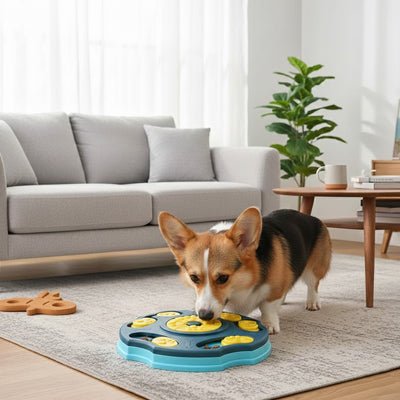 Jouet-intelligent-pour-chien-actif, robuste , puzzle alimentaire, gamelle anti-glouton, distributeur de croquette, sans BPA etr lavable en lave vaisselle , avec 5 pieds surélevés antidérapant pour chiot et chien, jeu d'entrainement mentale, anti anxiété, jouet d'occupation avec recherche de croquettes cachées, jouet anti ennui, idéal pour chien destructeurs ou agités- un chien de taille moyenne heureux qui cherche les croquettes cachées dans le jeu et les mange doucement quansd son maitre part de la maison