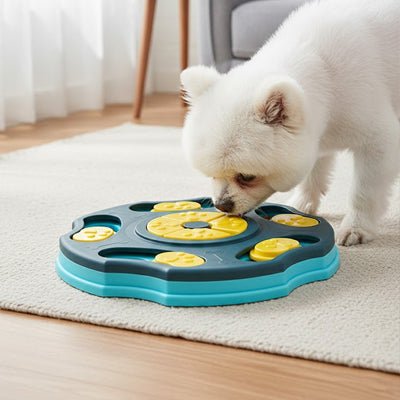 Jouet-intelligent-pour-chien-actif, robuste , puzzle alimentaire, gamelle anti-glouton, distributeur de croquette, sans BPA etr lavable en lave vaisselle , avec 5 pieds surélevés antidérapant pour chiot et chien, jeu d'entrainement mentale, anti anxiété, jouet d'occupation avec recherche de croquettes cachées, jouet anti ennui, idéal pour chien destructeurs ou agités- un petit chien qui renifle, cherche  et trouve les croquettes cachées dans le salon de l'appartement en l'abscence de ses maitres à la maison