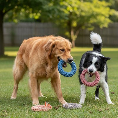 Jouet-pour-chien-destructeur-lot de 3 anneaux en corde de plusieurs couleurs tressée, 100% coton, matériau naturel et sans danger, indestuctible pour chien de taille moyenne à grande taille, brossage naturel des dents par l'action de mastication, masse les gencive, hygiène bucco dentaire ludique en jouant, possibilité de jeu de tir à la corde-un Golden retriever et un Border collie qui court avec un anneau en corde chacun serré dans leur mâchoire dans le  jardin de la maison