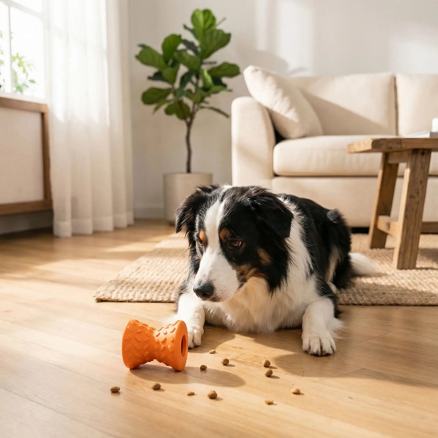 Jouet-pour-chien-destructeur-d-occupation, distributeur de croquette pour chiot et chien indestructible, jeu éducatif et d'intelligence, anti-anxiété de séparation-extérieur avec forme 3D pour un massage doux des gencives et nettoyage du tarte comme une brosse naturelle, jouet dentaire- un chien de taille moyenne et de race active qui joue le jouet rempli de friandises cachées en l'absence de ses maitres