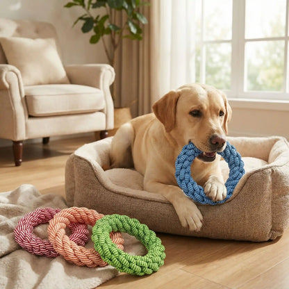 Jouet-pour-chien-destructeur-lot de 3 anneaux en corde de plusieurs couleurs tressée, 100% coton, matériau naturel et sans danger, indestuctible pour chien de taille moyenne à grande taille, brossage naturel des dents par l'action de mastication, masse les gencive, hygiène bucco dentaire ludique en jouant, possibilité de jeu de tir à la corde-un labrador couleur sable couché dans son panier qui mordille paisiblement son anneau bleu indestructible anti anxiété et anti destruction qui libère des endorphines
