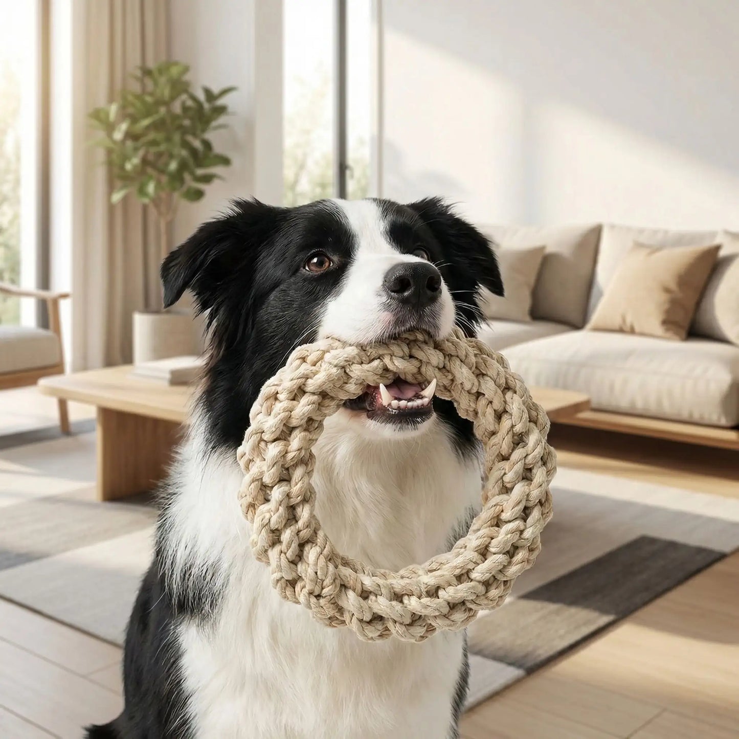Jouet-pour-chien-destructeur-lot de 3 anneaux en corde de plusieurs couleurs tressée, 100% coton, matériau naturel et sans danger, indestuctible pour chien de taille moyenne à grande taille, brossage naturel des dents par l'action de mastication, masse les gencive, hygiène bucco dentaire ludique en jouant, possibilité de jeu de tir à la corde-un Border collie qui tient fièrement devant son maitre son anneau indestructible en corde pour un jeu de tire à la corde ou de lancer rapporter dans le salon 