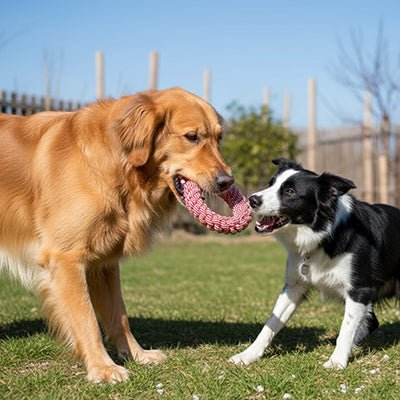Jouet-pour-chien-destructeur-lot de 3 anneaux en corde de plusieurs couleurs tressée, 100% coton, matériau naturel et sans danger, indestuctible pour chien de taille moyenne à grande taille, brossage naturel des dents par l'action de mastication, masse les gencive, hygiène bucco dentaire ludique en jouant, possibilité de jeu de tir à la corde-un chien de grande er moyenne taille qui joue au tir à la corde avec le jouet indestructible en forme d'anneau en corde dans le parc 