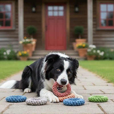Jouet-pour-chien-destructeur-lot de 3 anneaux en corde de plusieurs couleurs tressée, 100% coton, matériau naturel et sans danger, indestuctible pour chien de taille moyenne à grande taille, brossage naturel des dents par l'action de mastication, masse les gencive, hygiène bucco dentaire ludique en jouant, possibilité de jeu de tir à la corde-un Border collie couché qui mordille entre ses pattes son jouet indestructible en forme d'anneau en corde sur la terrasse de la maison