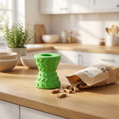 Jouet-pour-chien-destructeur-d-occupation, distributeur de croquette pour chiot et chien indestructible, jeu éducatif et d'intelligence, anti-anxiété de séparation-extérieur avec forme 3D pour un massage doux des gencives et nettoyage du tarte comme une brosse naturelle, jouet dentaire- gros plan sur le jouet anti-destruction pour chien en caoutchouc naturel, garanti sans produits chimique de qualité alimentaire rempli de friandise pour chiot et chien