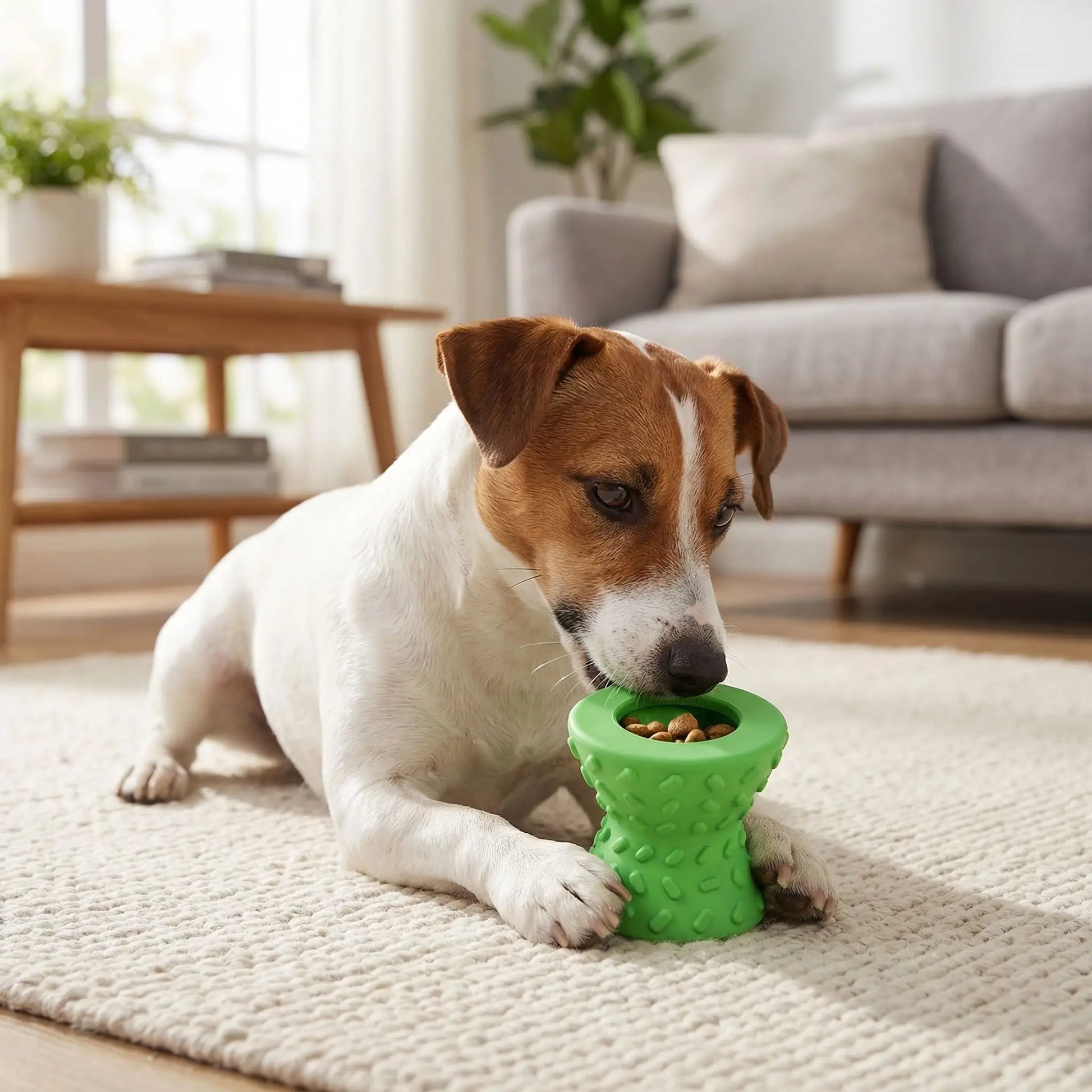 Jouet-pour-chien-destructeur-d-occupation, distributeur de croquette pour chiot et chien indestructible, jeu éducatif et d'intelligence, anti-anxiété de séparation-extérieur avec forme 3D pour un massage doux des gencives et nettoyage du tarte comme une brosse naturelle, jouet dentaire- un petit chien de race active couché avec le jouet rempli de friandises caché entre ses pattes qui sent et cherche à les débusquer